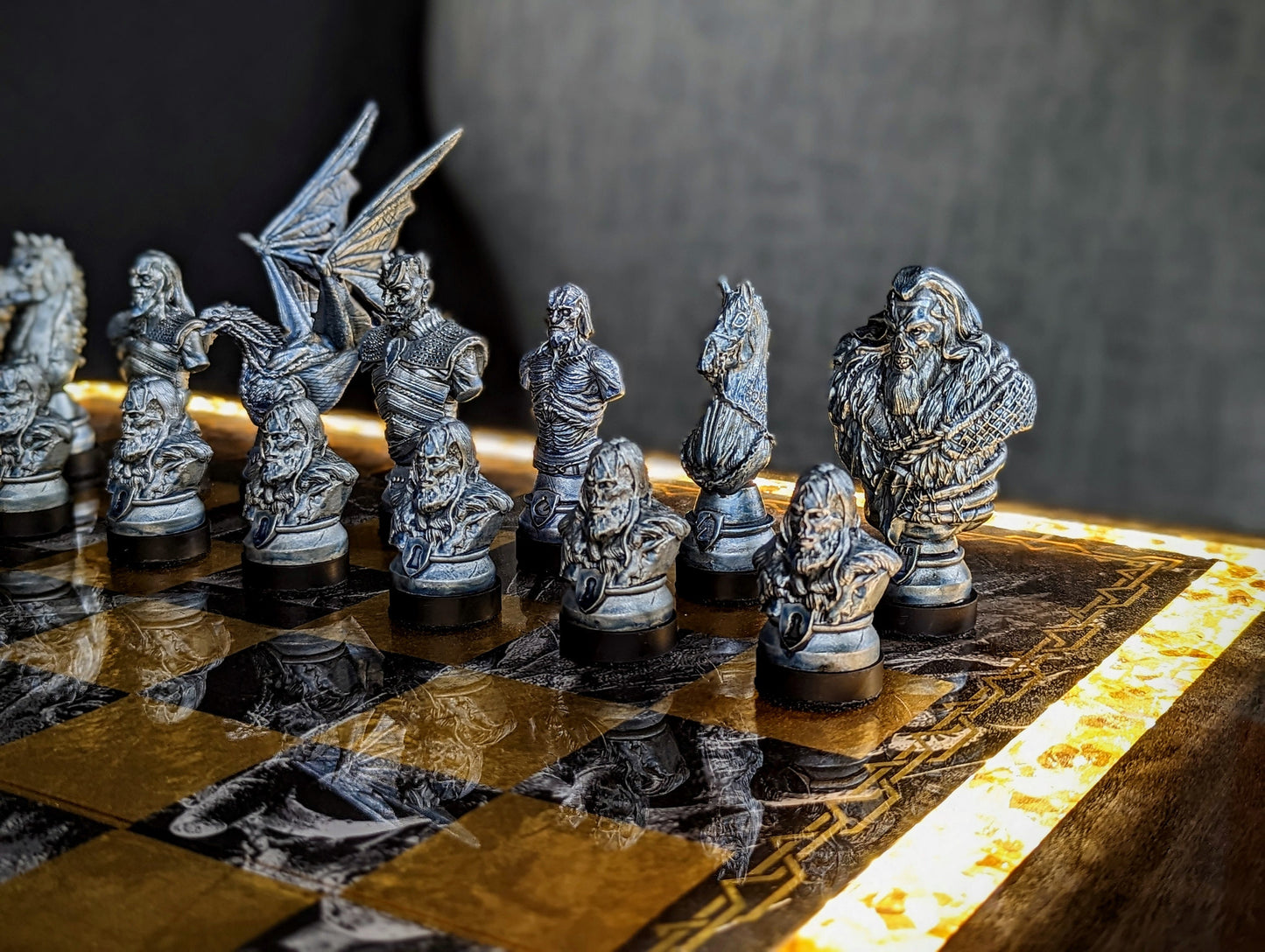 Game of Thrones Chess Table - Magnetized and LED Illuminated Resin Solid Wood Table, Handmade Artisan Chess Pedestal Game Table