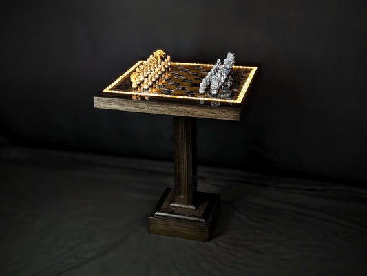 Game of Thrones Chess Table - Magnetized and LED Illuminated Resin Solid Wood Table, Handmade Artisan Chess Pedestal Game Table