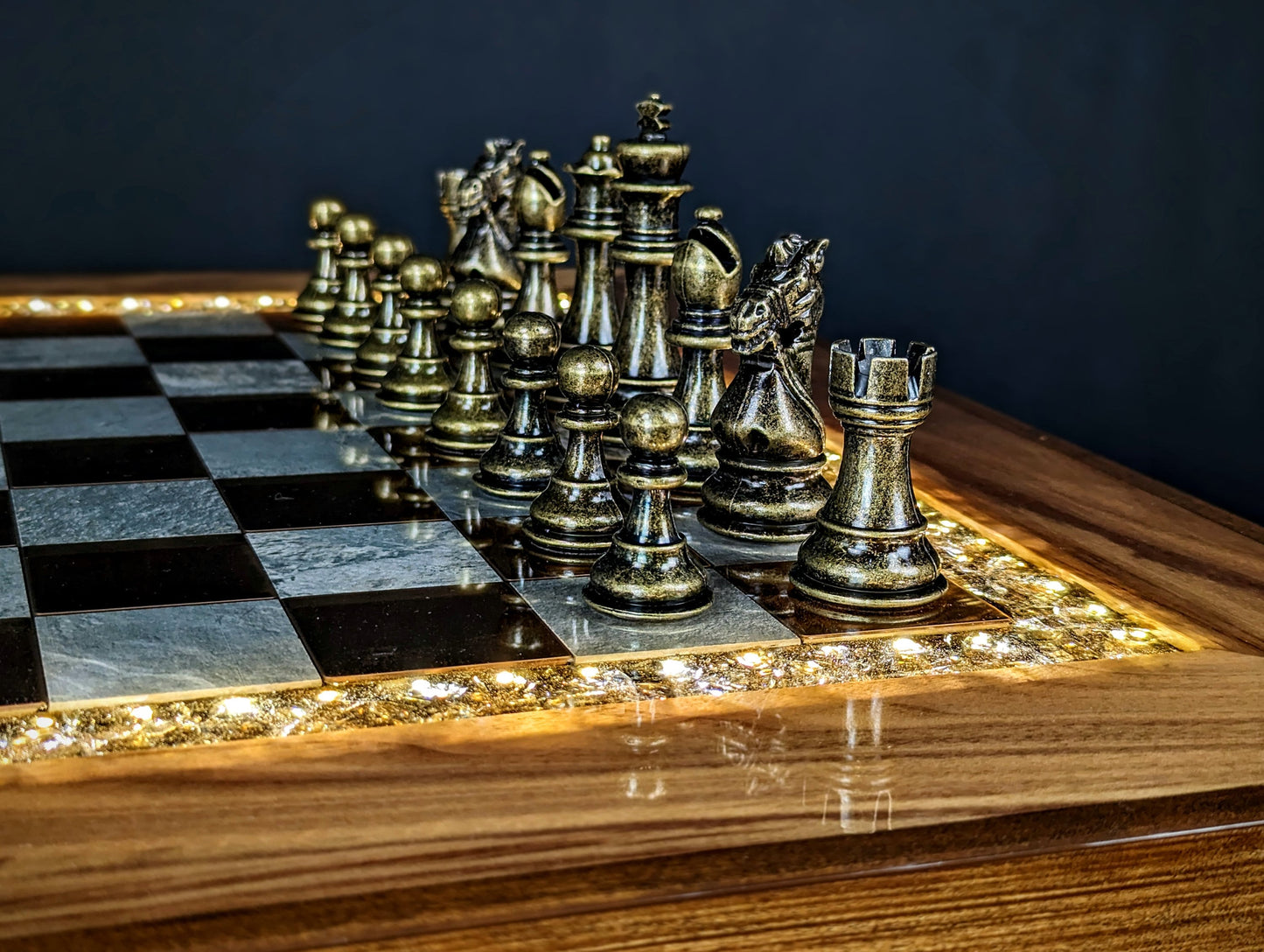 The Rook (Walnut) Chess Table - Ceramic Tile LED Illuminated Resin Solid Wood Table, Handmade Artisan Chess Pedestal Game Table