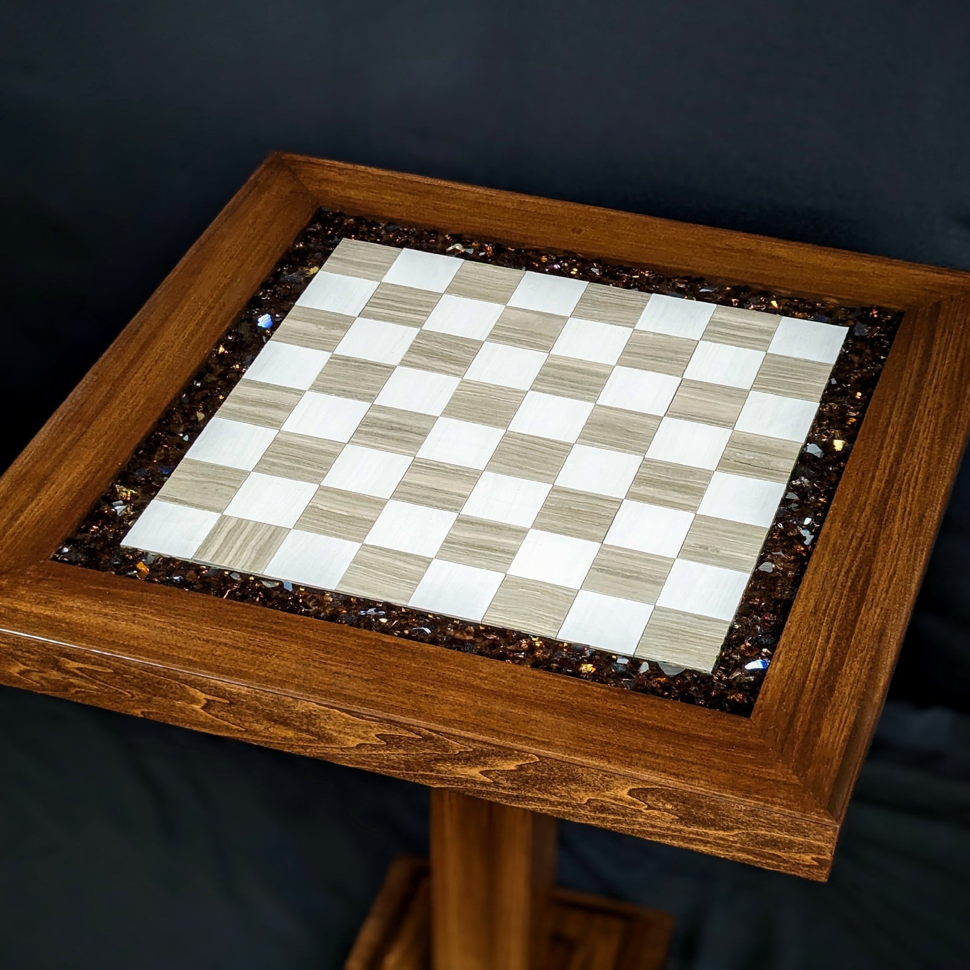 The Rook (Brown) Chess Table - Ceramic Tile LED Illuminated Resin Solid Wood Table, Handmade Artisan Chess Pedestal Game Table