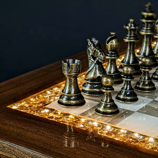 The Rook (Brown) Chess Table - Ceramic Tile LED Illuminated Resin Solid Wood Table, Handmade Artisan Chess Pedestal Game Table