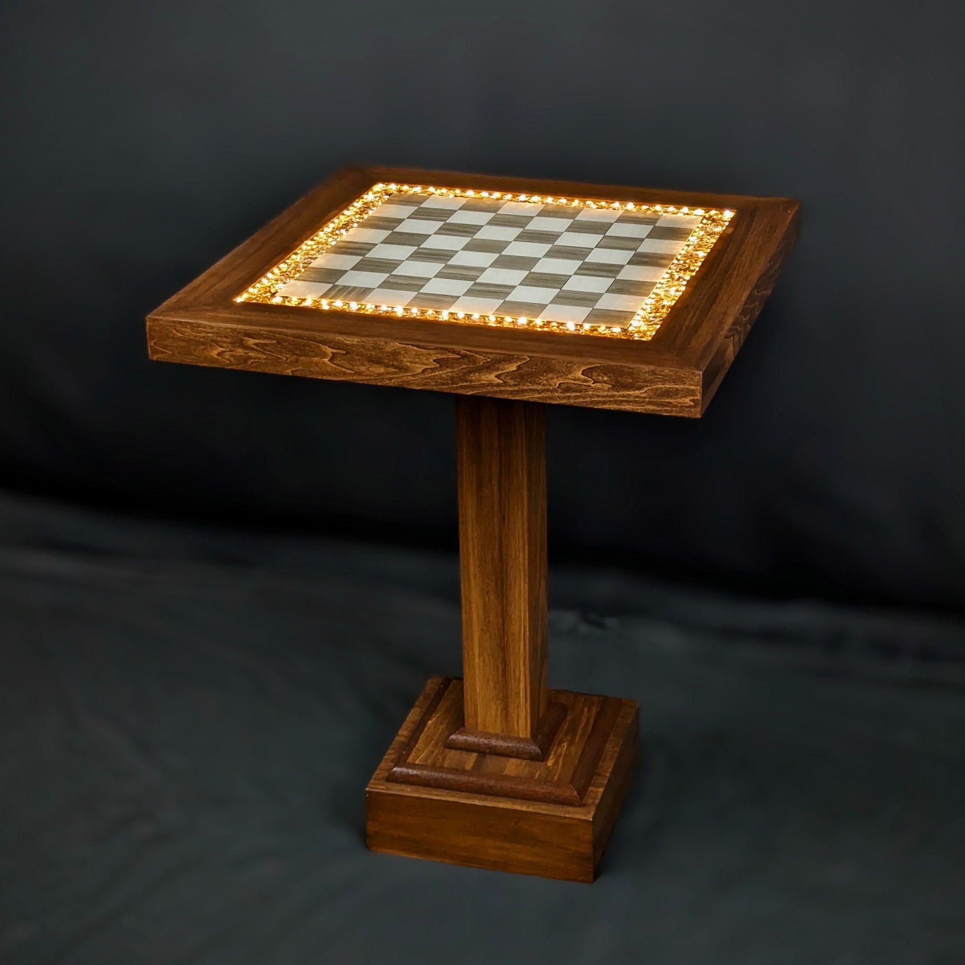 The Rook (Brown) Chess Table - Ceramic Tile LED Illuminated Resin Solid Wood Table, Handmade Artisan Chess Pedestal Game Table