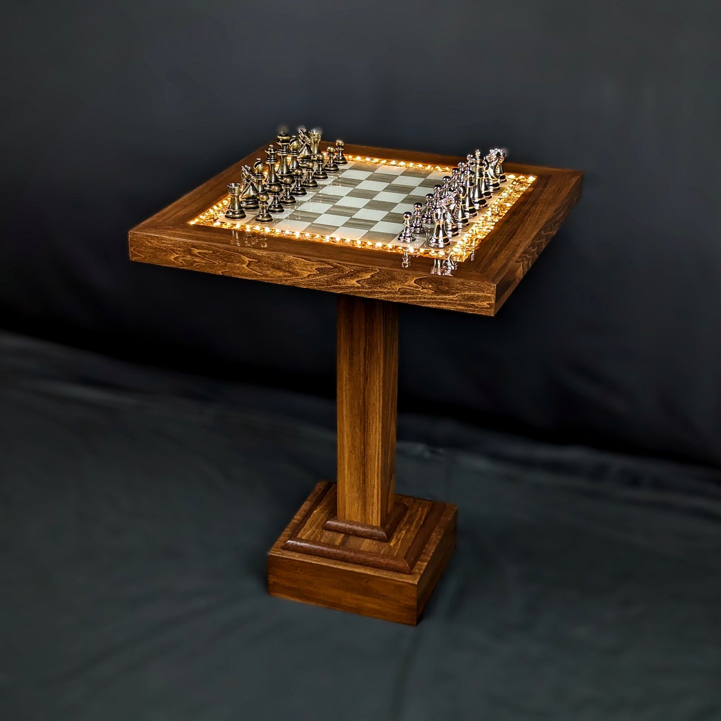 The Rook (Brown) Chess Table - Ceramic Tile LED Illuminated Resin Solid Wood Table, Handmade Artisan Chess Pedestal Game Table