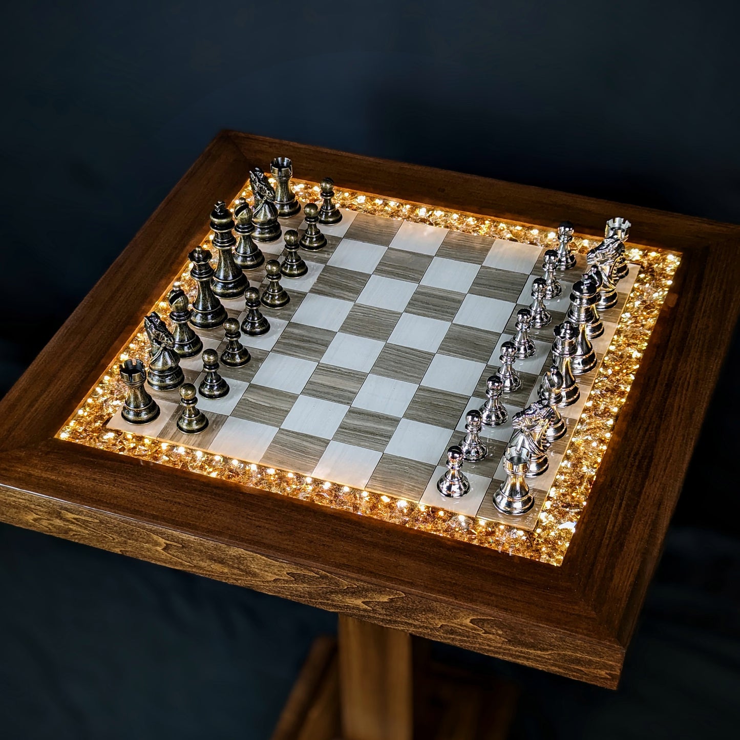 The Rook (Brown) Chess Table - Ceramic Tile LED Illuminated Resin Solid Wood Table, Handmade Artisan Chess Pedestal Game Table