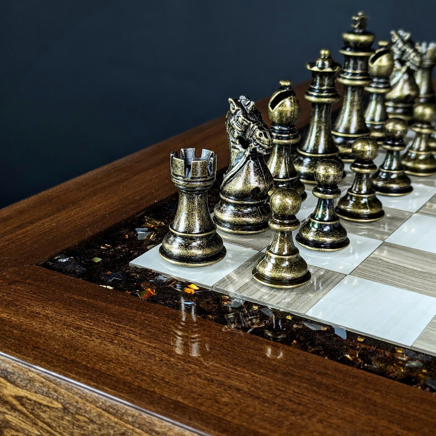 The Rook (Brown) Chess Table - Ceramic Tile LED Illuminated Resin Solid Wood Table, Handmade Artisan Chess Pedestal Game Table