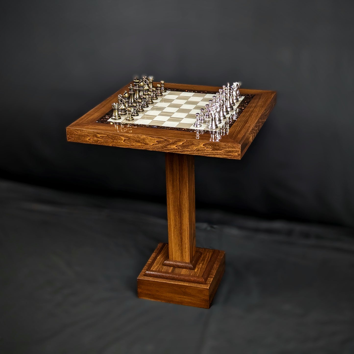 The Rook (Brown) Chess Table - Ceramic Tile LED Illuminated Resin Solid Wood Table, Handmade Artisan Chess Pedestal Game Table