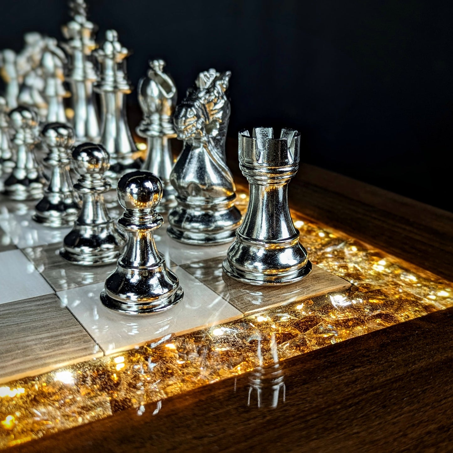 The Rook (Brown) Chess Table - Ceramic Tile LED Illuminated Resin Solid Wood Table, Handmade Artisan Chess Pedestal Game Table