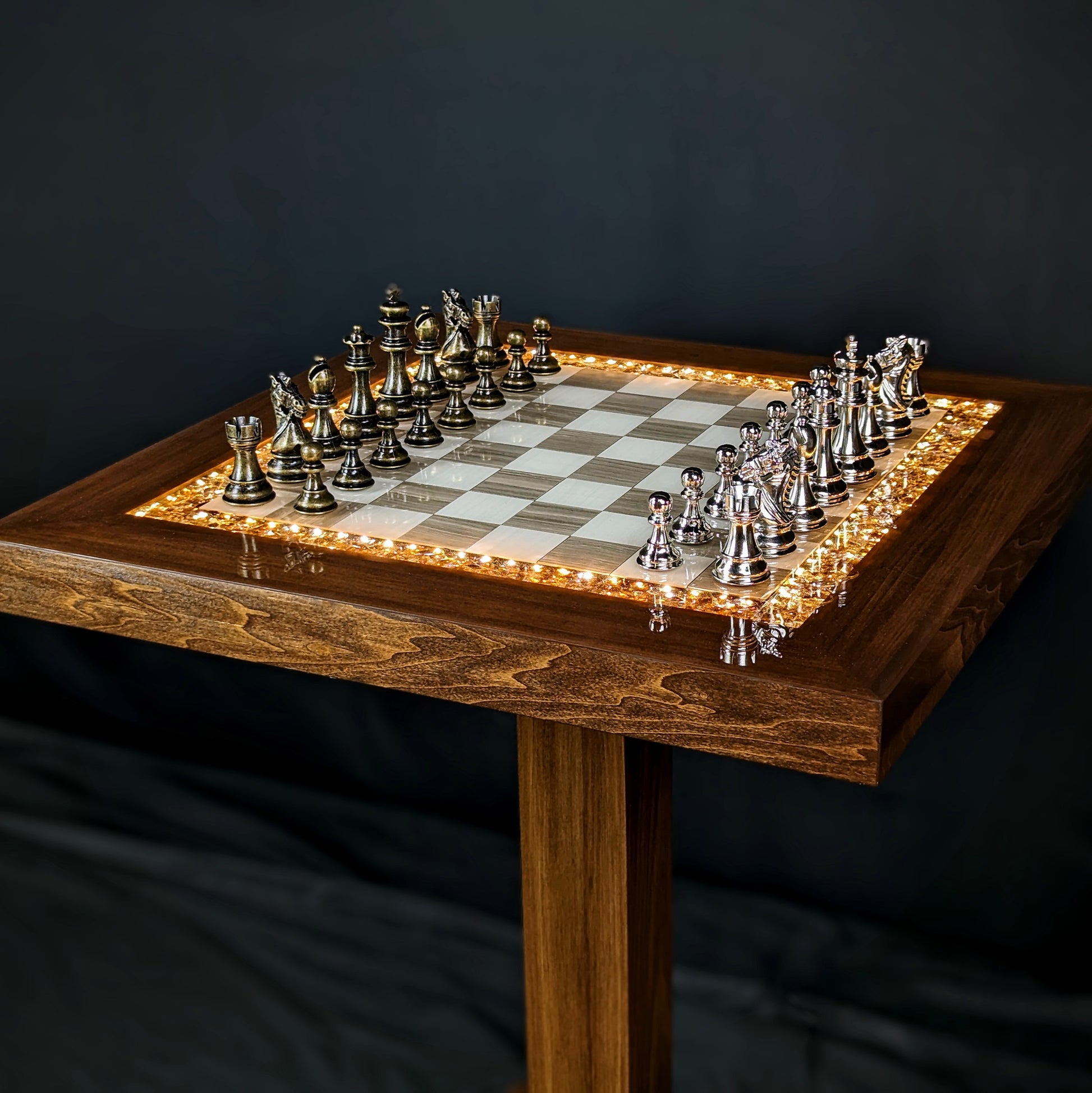 The Rook (Brown) Chess Table - Ceramic Tile LED Illuminated Resin Solid Wood Table, Handmade Artisan Chess Pedestal Game Table