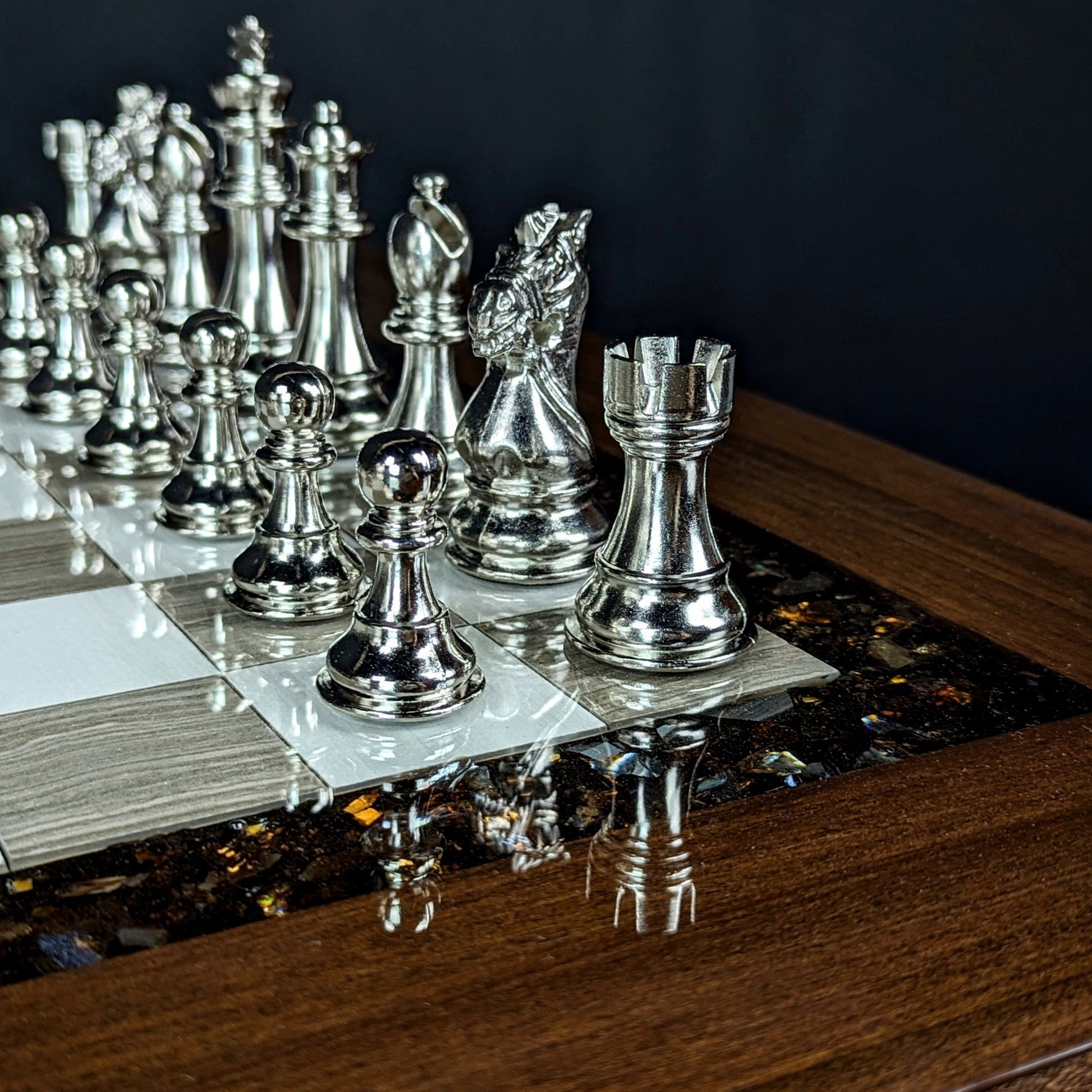 The Rook (Brown) Chess Table - Ceramic Tile LED Illuminated Resin Solid Wood Table, Handmade Artisan Chess Pedestal Game Table